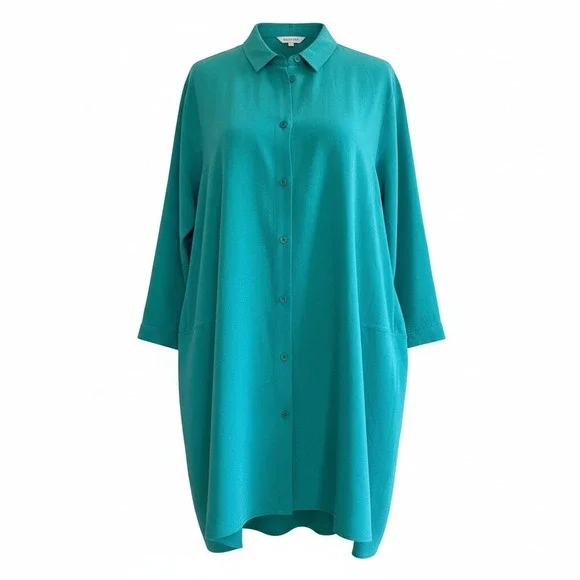 Lafayette 148 New York Women Tunic Silk Linen Top Button XL Teal Green Lagenlook - Picture 1 of 6